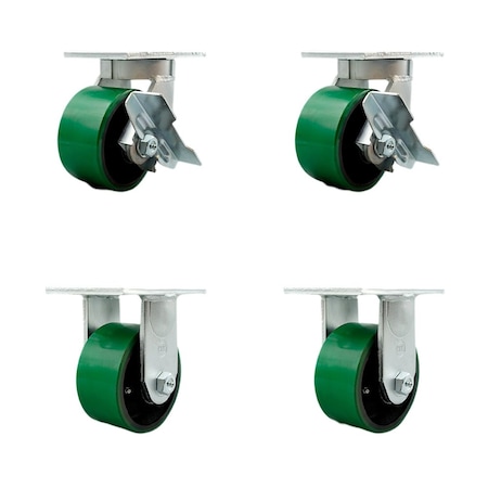 Service Caster 6'' Heavy Duty Green Poly on Metal Caster Set 2 Swivel Lock/Brake 2 Rigid, 4PK CRAN-KP92S630-PUR-GB-SLB-BSL-2-R-2